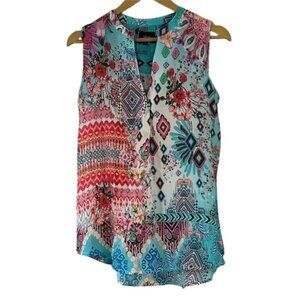 Shana Multicolor Floral Aztec Tunic Tank Teal Pink Boho Sleeveless Top